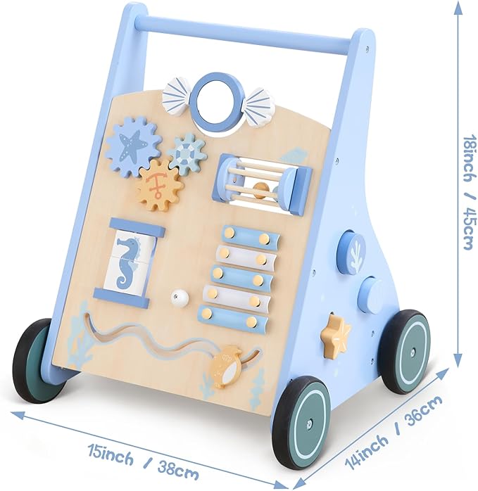Beright Wooden Baby Walker Push and Pull Learning Activity Walker with Wheels Montessori Walker Toy Multiple Activities Center Develops Motor Skills & Stimulates Creativity (Blue)-CubbioJoy