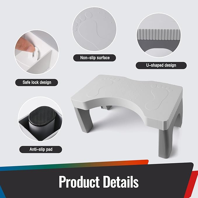 7” Toilet Potty Stool - Proper Posture Squatting Poop Step for Adults, Anti-Slip Lightweight Bathroom Potty Stools for Toilet, Stable & Durable Design, Easy to Clean (1, Grey)-CubbioJoy