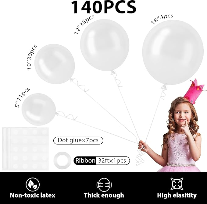 140pcs Balloon Arch Kit, White Balloons of Different Sizes Pack of 18 12 10 5 Inch Party Balloon Kit for Birthday Party or Balloon Arch as Graduation Wedding Baby Shower Anniversary Party Decorations-CubbioJoy