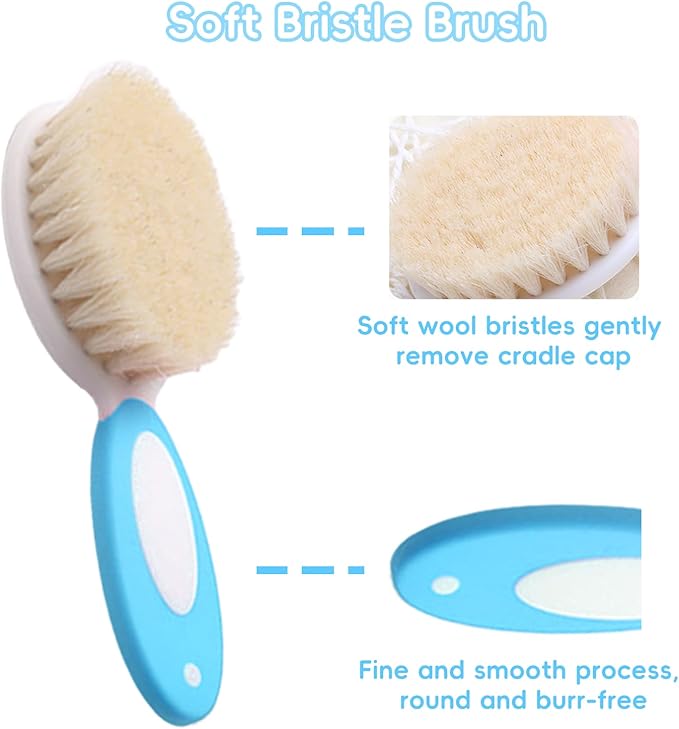 Baby Hair Brush and Comb Set, 4Pcs Baby Soft Bristles Hairbrush Cradle Cap Brush Hair Comb for Newborns Toddlers Boys Girls (Blue)-CubbioJoy