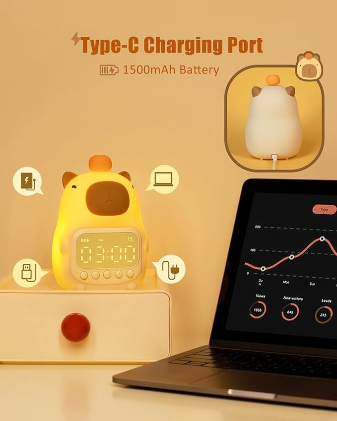 Capybara Alarm Clock with Night Light for Kids, Cute Toddler Alarm Clocks for Bedrooms Ok to Wake Clocks for Girls and Boys, Rechargeable Silicone Animal Tabletop Lamp for Kid-CubbioJoy