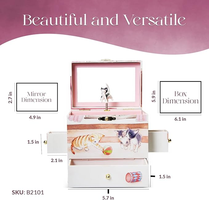 Curious Kittens Musical Jewelry Box Cat Spins to Ode to Joy 3 Pullout Drawers Treasure Storage-CubbioJoy