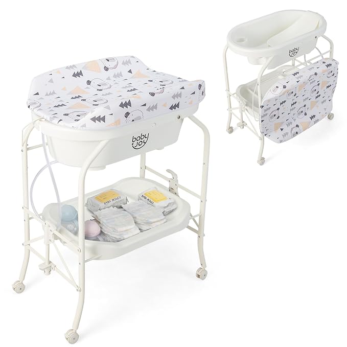 BABY JOY Baby Bathtub with Changing Table, Foldable Infant Diaper Changing Station with Storage Tray, Waterproof Pad, Portable Newborn Nursery Organizer Bath Stand with 4 Universal Wheels (White)-CubbioJoy