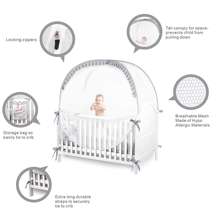 Baby Safety Crib Tent Infant Pop up Mosquito Net Nursery Bed Canopy Netting Cover - Keep Baby from Climbing Out with Hanging Diaper Storage Bag (Gray)-CubbioJoy
