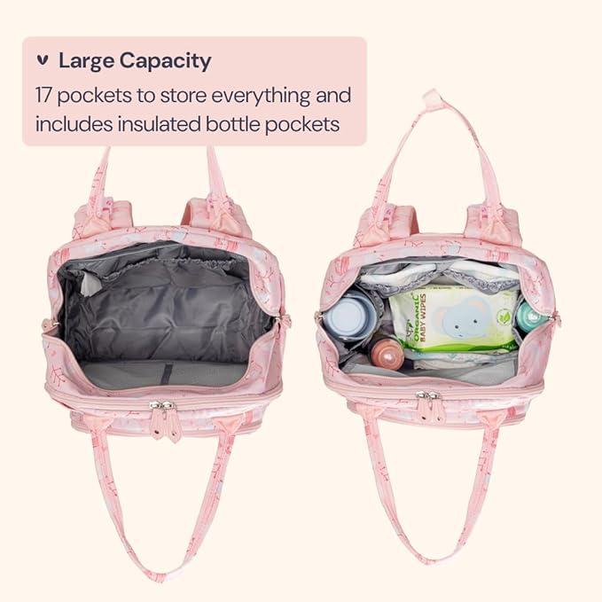 BabbleRoo Diaper Bag Backpack - Baby Essentials, Travel Essentials Baby Bag with Changing Pad, Stroller Straps & Pacifier Case - Unisex, Pink Birdy-CubbioJoy