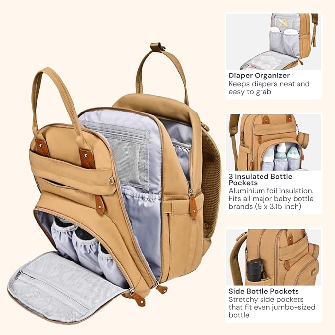 BabbleRoo Diaper Bag Backpack - Baby Essentials Travel Tote - Multi function Waterproof Diaper Bag, Travel Essentials Baby Bag with Changing Pad, Stroller Straps & Pacifier Case - Unisex, Beige-CubbioJoy