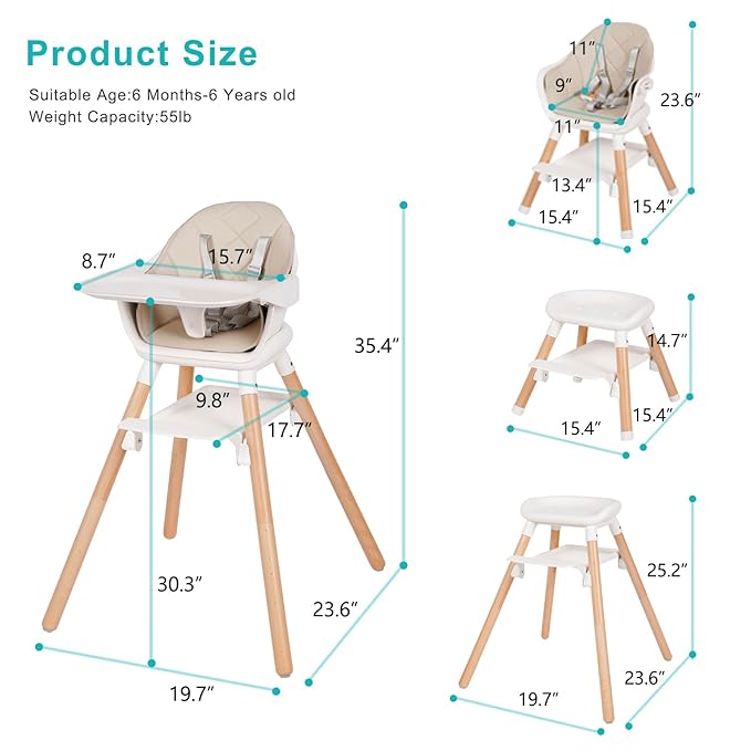 Baby High Chair, 6 in 1 Wooden Convertible High Chairs for Babies and Toddlers, Booster Seat with Double Tray & Reversible Footrest Baby Highchair, 5-Point Harness Baby Feeding Chair, Beige-CubbioJoy
