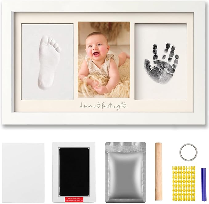 Baby Hand and Footprint Kit Keepsake Nursery Decor Picture Frame for New Mom Baby Boys Girls Shower Gifts Personalized Inkless & Clay Handprint Newborn Essentials Must Haves (White)-CubbioJoy