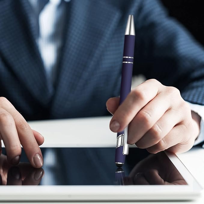 8 Pieces Ballpoint Pen with Stylus Tip Black Ink 2 in 1 Stylus Metal 1.0 mm Medium Point Smooth Pen Rainbow Colorful Rubberized Ballpoint for Touch Screen Tablet(Dark Blue)-CubbioJoy