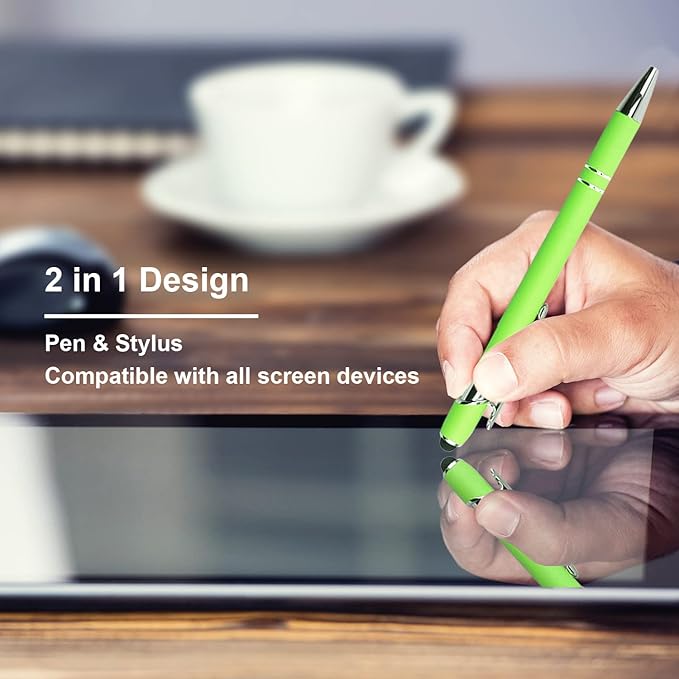 Ballpoint Pen with Stylus Tip, Soft Touch Click Metal Pen, 1.0mm Medium Point, Black Ink, 12 Count(Light Green)-CubbioJoy