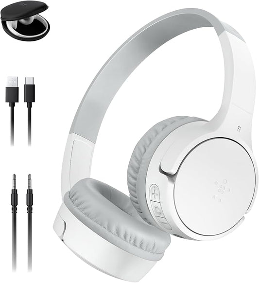 Belkin SoundForm Mini Kids Wireless Headphones w/Built-in Microphone, 30H of Playback Time, Fun Stickers, & Case - Over-Ear Headsets for Online Learning, School, iPhone, iPad, Galaxy, & More - White-CubbioJoy
