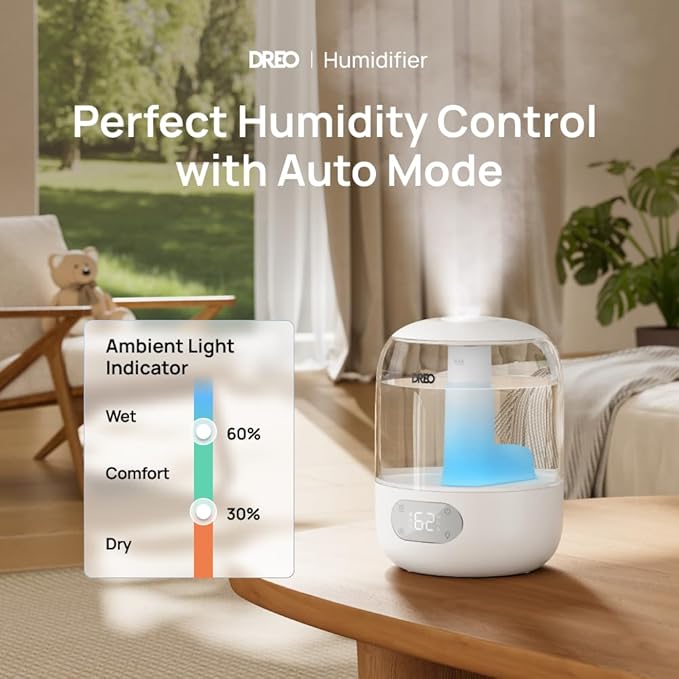Dreo Humidifiers for Bedroom, 3L Top Fill 30H & 26dB Quiet Runtime for Large Room, Cool Mist Ultrasonic Humidifier with Humidity Sensor, Night Light for Home, Baby, Nursery, Plants, 360° Nozzle, White-CubbioJoy
