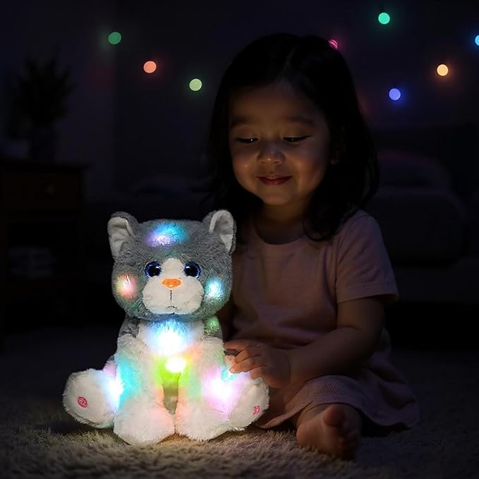 Cuteoy Light-up Singing Plush Cat LED Musical Kitty Stuffed Animal Adjustable Volume Lullaby Plushies Birthday Christmas Toy Gifts for Kids Toddler Girls, 10.5"-CubbioJoy
