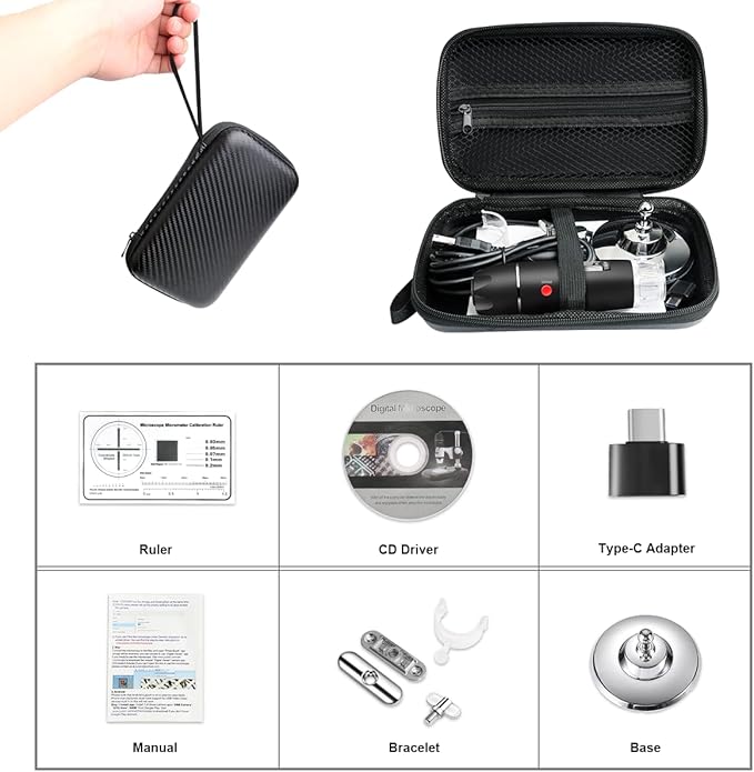 Digital USB Microscope Camera, 40X to 1000X, with Metal Stand & Carrying Case, Compatible with Android, Windows, Linux, Mac, Portable for Kids, Students, Adults-CubbioJoy