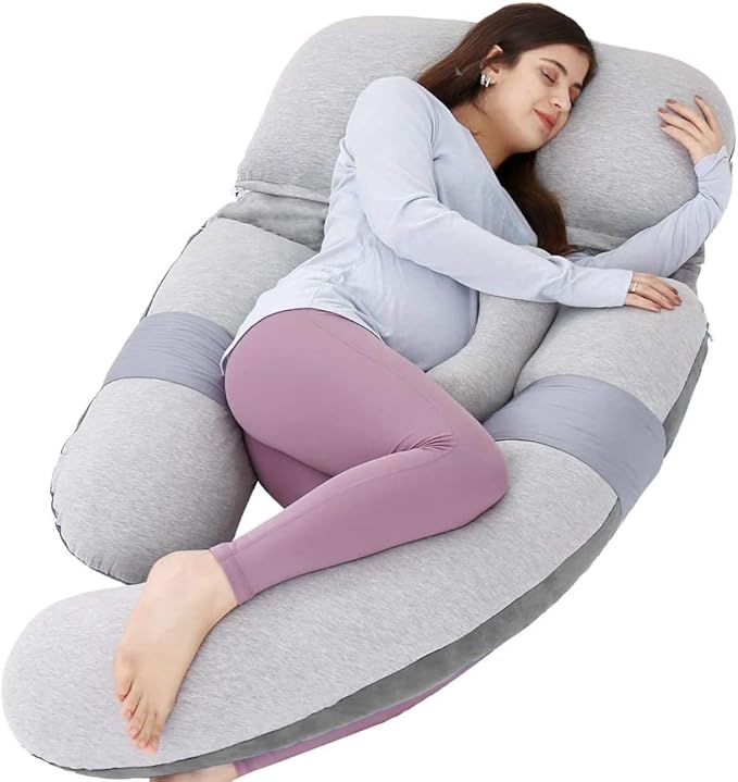 AS AWESLING 60in Full Body Pillow | Nursing, Maternity and Pregnancy Pillow | Extra Large U Shape Pillows with Detachable Side, Separate Support Pillow and Removable Cover (Velvet and Jersey Grey)-CubbioJoy