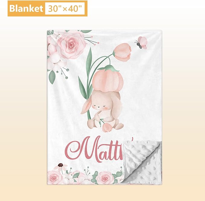 Custom Baby Crib Bedding Set - 5 Pcs Personalized Name Baby Crib Set with Double Layer Blanket - Soft Tulip Bunny Nursery Bedding Set for Girls Boys - Customized Gifts for Infants Toddlers-CubbioJoy