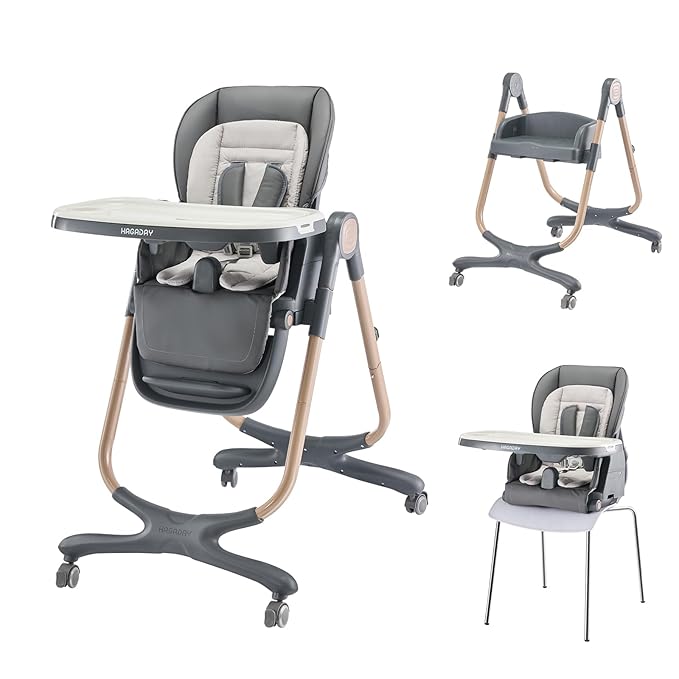 6 in 1 Convertible High Chairs for Babies and Toddlers,Portable High Chair with Dishwasher Tray and 4 Wheel,Booster Seat for Dining Table,Foldable Toddle and Baby Feeding Highchair (Gold-Grey)-CubbioJoy