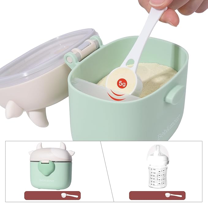 Bebamour Baby Formula Dispenser On The Go, Formula Container to Go, Formula Holder for Travel, Candy Fruit Snack Storage Container with Scoop and Leveller (Light Green Cow)-CubbioJoy