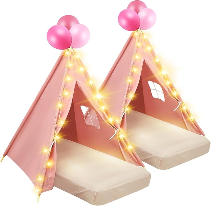 2 Pack Kids Teepee Tent with Mattress,Fitted Sheet,Light String,Washable Natural Cotton Toddler Play Tent for Girls Boys Indoor Outdoor Sleepover Slumber Birthday Party(Pink)-CubbioJoy