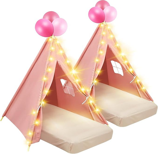 2 Pack Kids Teepee Tent with Mattress,Fitted Sheet,Light String,Washable Natural Cotton Toddler Play Tent for Girls Boys Indoor Outdoor Sleepover Slumber Birthday Party(Pink)-CubbioJoy