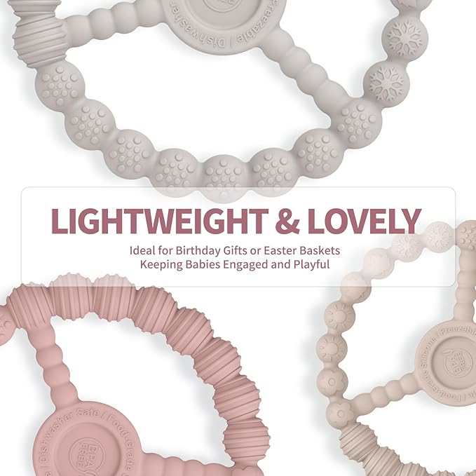3 Pack Baby Teething Toys 3-6 Months, Silicone Ring Teethers for Babies 6-12 Months, Freezer Safe Chew Toy with Textured Grip for Boys Girls Teething Relief, Infant Easter Gift (Sandy Rose Pink)-CubbioJoy
