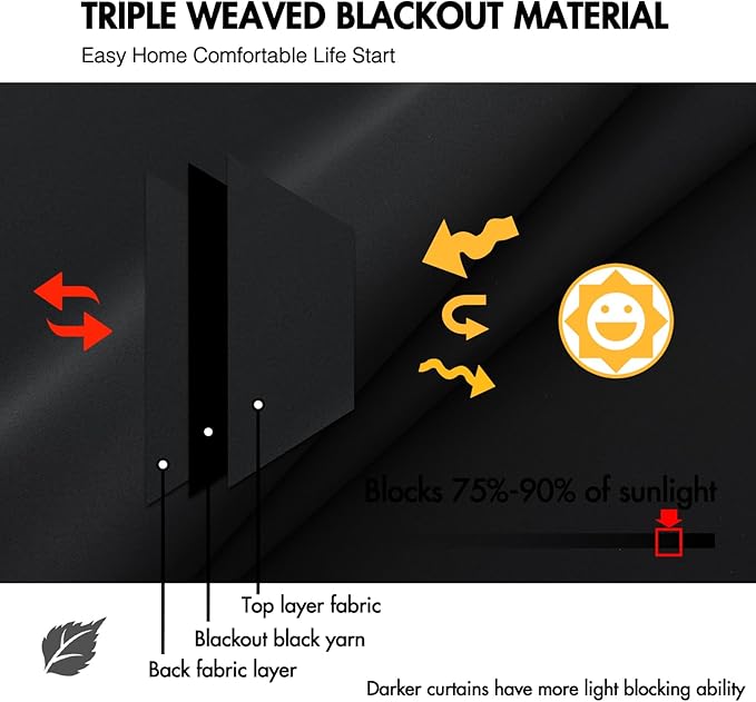 ANRODUO Back Tab Blackout Curtains for Bedroom Living Room, Rod Pocket Pinch Pleated Thermal Insulated Room Darkening Curtains 120 Inches Long 2 Panels, Black, 52 x 120 Inch-CubbioJoy