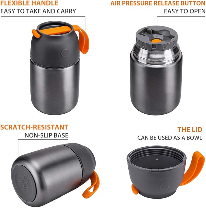 Insulated Thermo Food Jar for Hot & Cold Food for Kids Adult, 17&24 oz Soup Thermal Hot Food Containers for Lunch, Triple Layer Insulation Stainless Steel Food Jar with Spoon (2 Pack Grey)-CubbioJoy