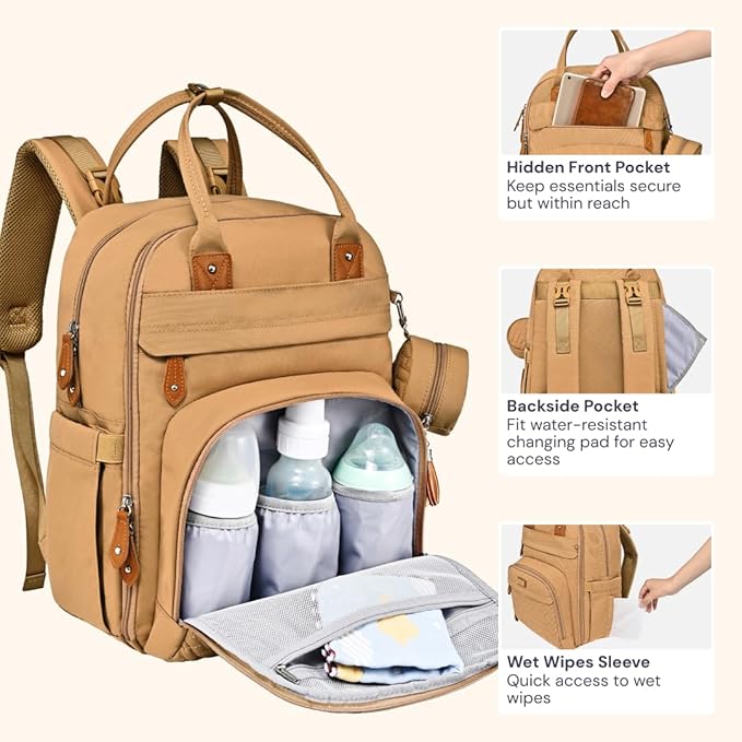 BabbleRoo Diaper Bag Backpack - Baby Essentials Travel Tote - Multi function Waterproof Diaper Bag, Travel Essentials Baby Bag with Changing Pad, Stroller Straps & Pacifier Case - Unisex, Beige-CubbioJoy