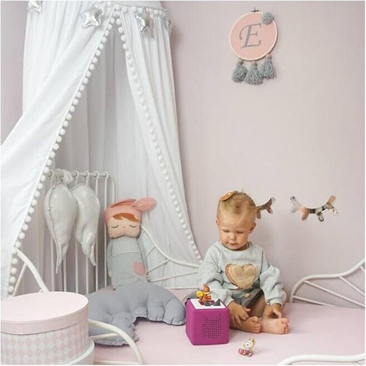 Bed Canopy with Pom Pom Cotton Canopy for Kids Crib Baby Girl Netting Cover Canopy Crib Curtain Reading Nook Hanging Tent Nursery Play Game Castle Room Decoration (White)-CubbioJoy