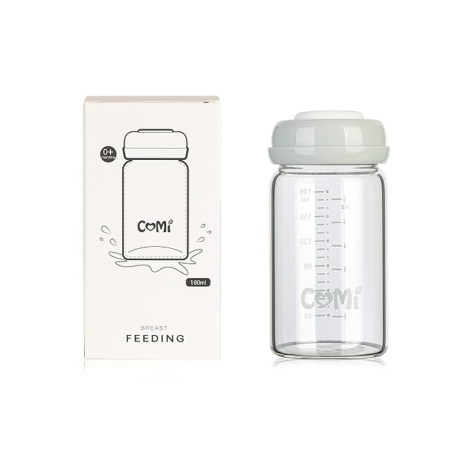 COMI Wide Neck Glass Breastmilk Collection n Storage Bottle, 6oz with Screw Ring Sealing Disk; Re-markable Sealing Disc. BPA Free, Fits Breast Pumps & Nipples (Gray Lids)-CubbioJoy