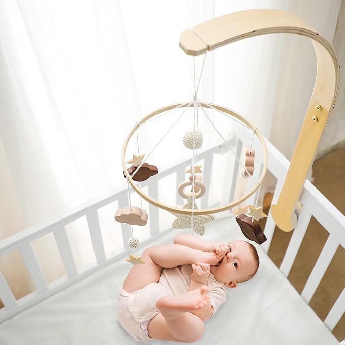 Baby Crib Mobile with Arm Boho Star Moon Nursery Mobile Set Wooden Baby Mobile Holder for Hanging Nursery Decor Ceiling Mobile-CubbioJoy