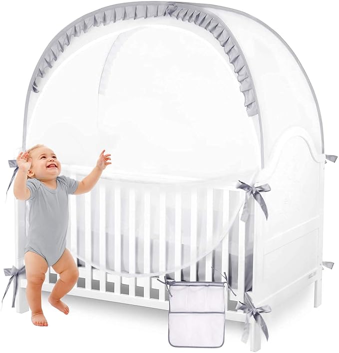 Baby Safety Crib Tent Infant Pop up Mosquito Net Nursery Bed Canopy Netting Cover - Keep Baby from Climbing Out with Hanging Diaper Storage Bag (Gray)-CubbioJoy