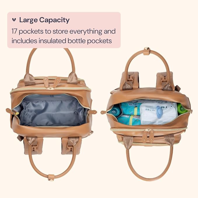 BabbleRoo Leather Diaper Bag Backpack - Baby Essentials Travel Baby Bag, Multi function, Waterproof, with Changing Pad, Stroller Straps & Pacifier Case – Unisex, Light Brown-CubbioJoy