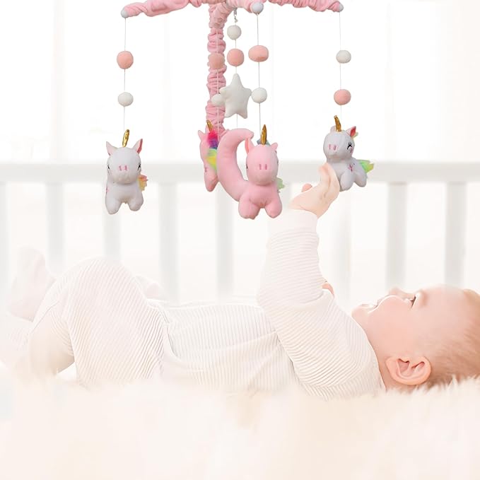 Baby Crib Mobile - Unicorn Crib Mobile for Girls with 25 Inches Mobile Arm and 35 Lullabies Musical Box, 3 Modes Digital, Volume Control, Essential Gift for Infant Bedroom Hanging Decor-CubbioJoy