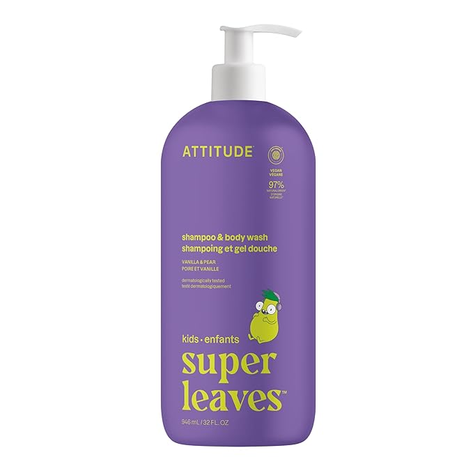 ATTITUDE Shampoo and Body Wash for Kids, EWG Verified Hair and Body Cleanser, Dermatologically Tested Soap, Plant and Mineral Based Bath Products, Vegan, Vanilla and Pear, 32 Fl Oz-CubbioJoy