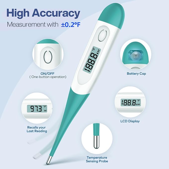 Boncare 10 Seconds Digital Thermometer for Adults and Kids - Accurate & Safe Rectal Thermometer for Baby with Fever Alarm, Oral Thermometer (Clear Blue)-CubbioJoy