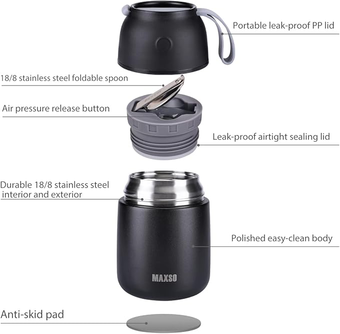 Insulated Thermo Food Jar for Hot & Cold Food for Kids Adult, 17&24 oz Soup Thermal Hot Food Containers for Lunch, Triple Layer Insulation Stainless Steel Food Jar with Spoon (2 Pack Black)-CubbioJoy