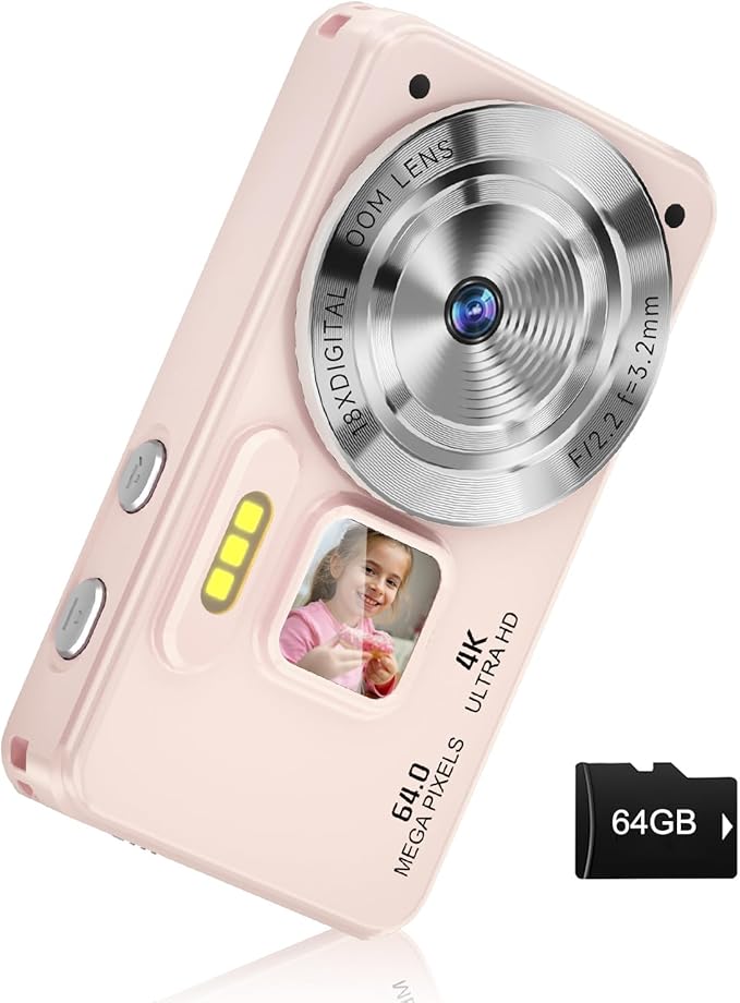 Digital Camera, Autofocus 4K 64MP Point and Shoot Digital Cameras for Teens with 64GB Card, 18X Zoom Anti-Shake Compact Video Camera for Student Kids Boys Girls Beginner - Pink-CubbioJoy