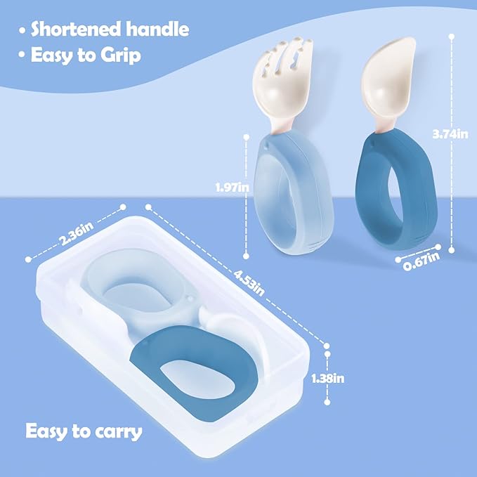 Baby Self Feeding Training Spoon and Fork Set with Travel Case, BPA-Free Cute Circle Toddler Training Utensils, Silicone/ABS Great Tableware Set Spoons Fork for Kids(Blue & Light blue)-CubbioJoy