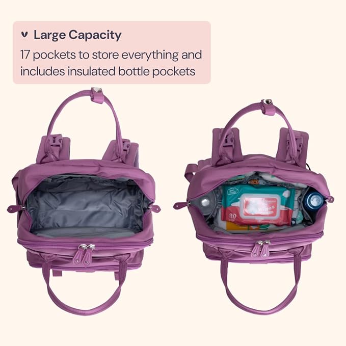 BabbleRoo Diaper Bag Backpack - Baby Essentials Travel Tote - Multi Function Waterproof Diaper Bag, Travel Essentials Baby Bag with Changing Pad, Stroller Straps & Pacifier Case - Unisex, Purple-CubbioJoy