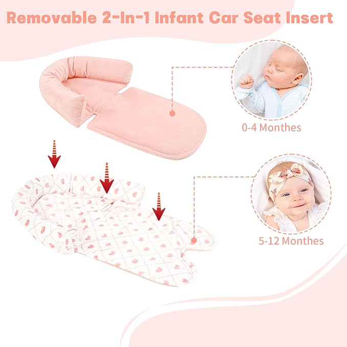 Infant Car Seat Insert, HNHUAMING Baby Car Seat Head & Body Support with 2 Strap Pads, Ultra Soft Newborn Preemie Carseat Insert Cushion for Girls Boys, Fits Car Seat, Stroller, Swing, Bouncer, Pink-CubbioJoy