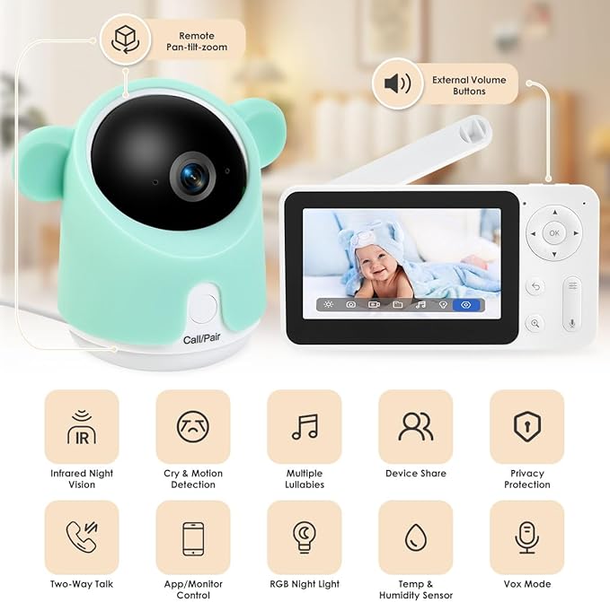 Baby Monitor with Camera and Audio, 1080P Baby Camera Monitor WiFi Smartphone App Control Night Vision 4.3” Screen 2-Way Talk Temperature & Humidity Sensor Lullabies Motion & Cry Detection iOS/Android-CubbioJoy