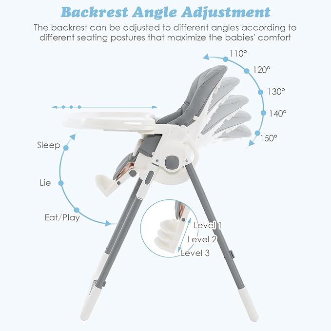 INFANS High Chair for Babies & Toddlers, Foldable Highchair with Multiple Adjustable Backrest Footrest Seat Height, Removable Tray, Detachable PU Leather Cushion, Built-in Rear Wheels (Light Grey)-CubbioJoy