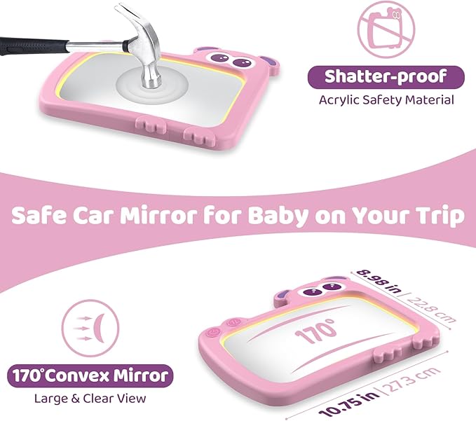 2-in-1 Baby Car Mirror with Lights & Soft Sounds, Cry Detector, Clear Night View, 360° Rotation, Shatterproof, Rear Facing Baby Car Seat Mirror with Remote Control, Perfect Baby Shower Gifts (Pink)-CubbioJoy