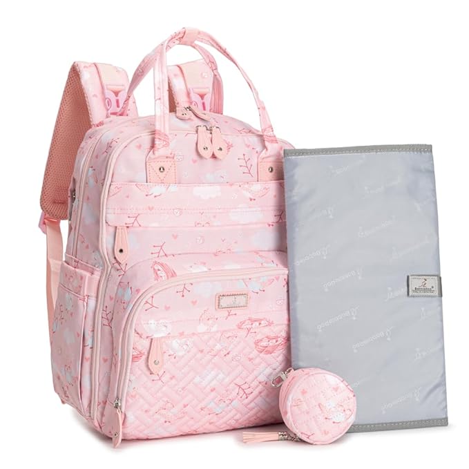 BabbleRoo Diaper Bag Backpack - Baby Essentials, Travel Essentials Baby Bag with Changing Pad, Stroller Straps & Pacifier Case - Unisex, Pink Birdy-CubbioJoy