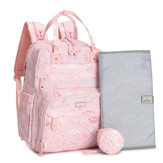 BabbleRoo Diaper Bag Backpack - Baby Essentials, Travel Essentials Baby Bag with Changing Pad, Stroller Straps & Pacifier Case - Unisex, Pink Birdy-CubbioJoy