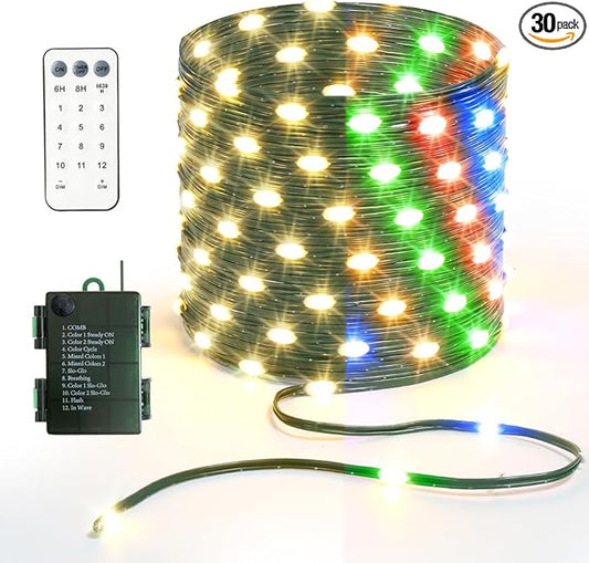 33ft Battery Operated String Lights, 100 LED Warm White & Multicolor Fairy String Lights Battery Powered w/Remote & Timer for Indoor Outdoor Christmas Trees Decoration Bedroom Patio-CubbioJoy