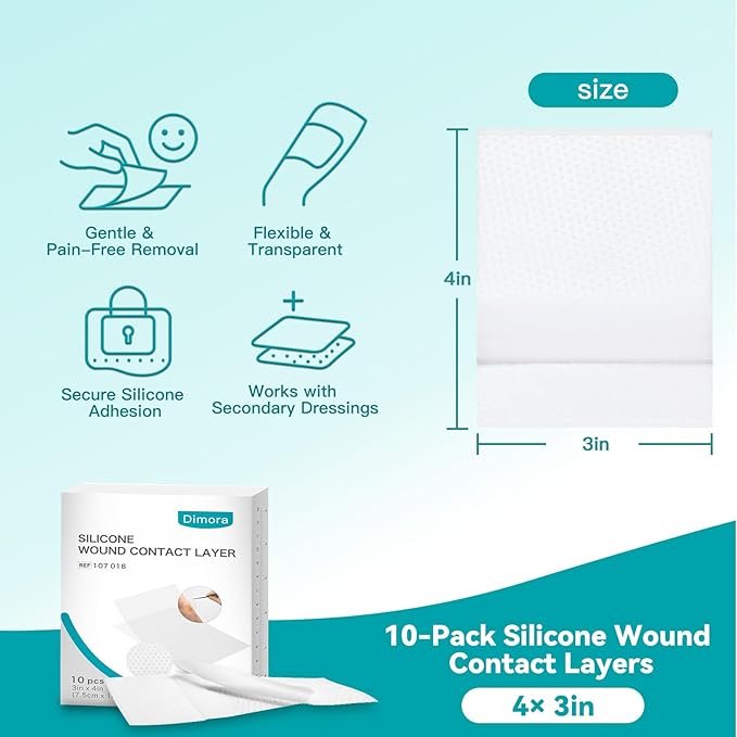 Dimora Silicone Wound Contact Layer, Non-adhering Dressing, Transparent Wound Dressing Pads, 3in x 4in (7.5cm x 10cm), 10 pcs-CubbioJoy