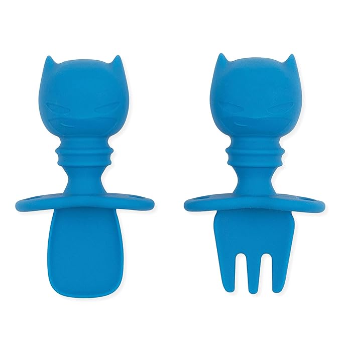 Bumkins Baby Utensils Set, Chewtensils Silicone Spoons for Dipping, Self-Feeding, Baby Led Weaning, Trainer Learning, First Stage Eating, Soft Practice Fork and Spoon, 6 Months, Batman Blue-CubbioJoy