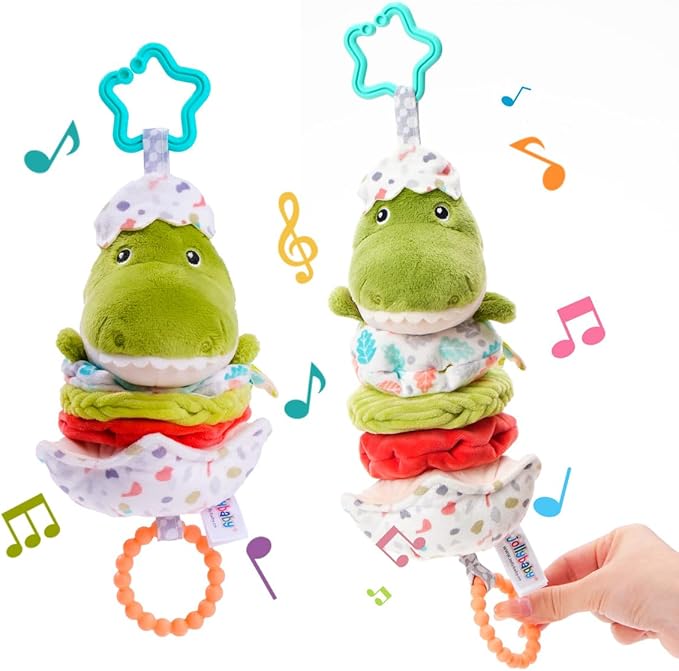 Jollybaby Baby Musical Pull String Hanging Toy for Stroller Car Seat Crib Play Gym, Plush Stuffed Dinasour Toy for Carseat with Music Teether Crinkle Paper, Sensory Toy for 0-6-12-18 Months Baby Gift-CubbioJoy